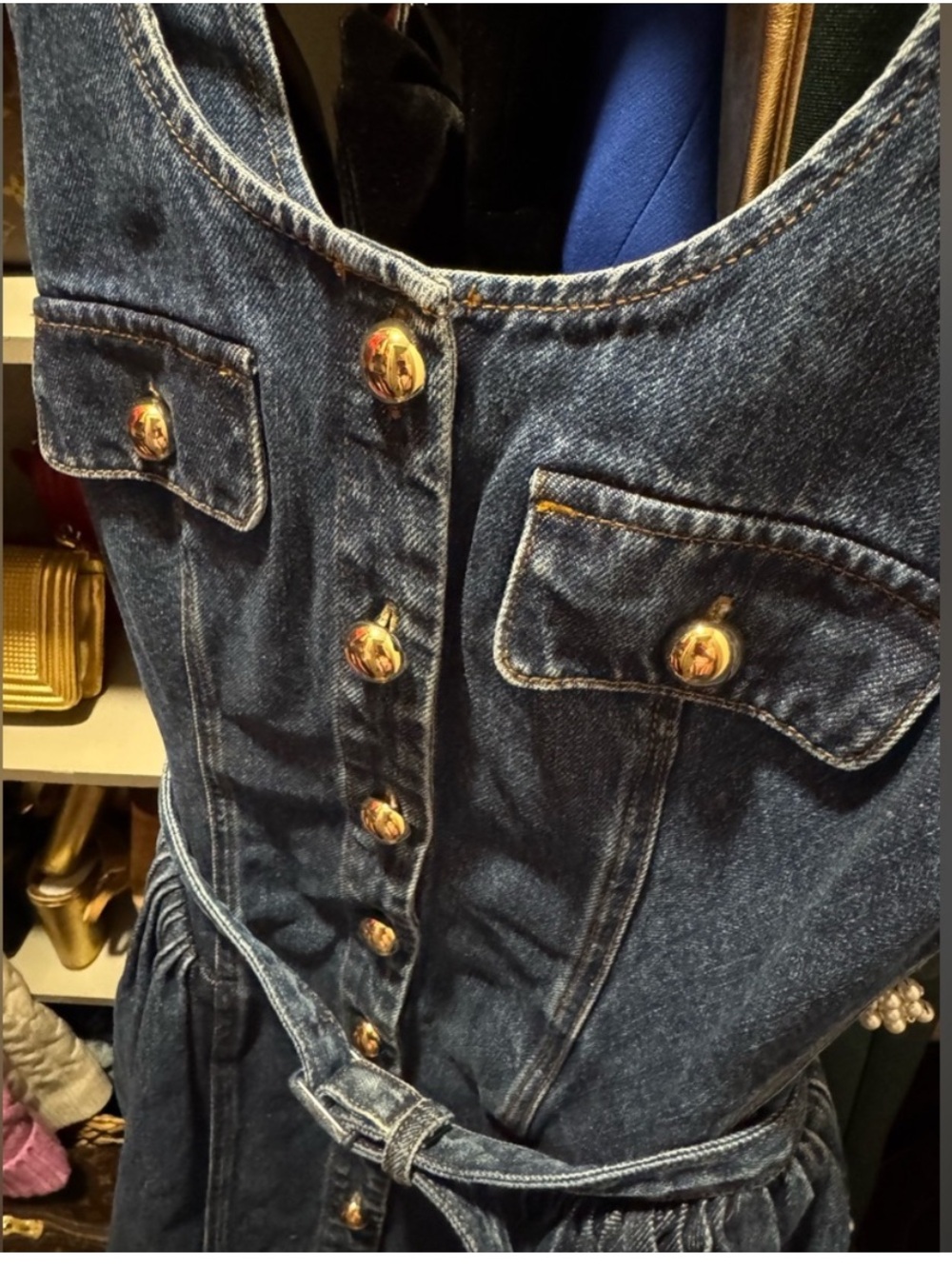Self Portrait Flared Denim Button-Up Mini Dress with Ruffles - Picture 7 of 7